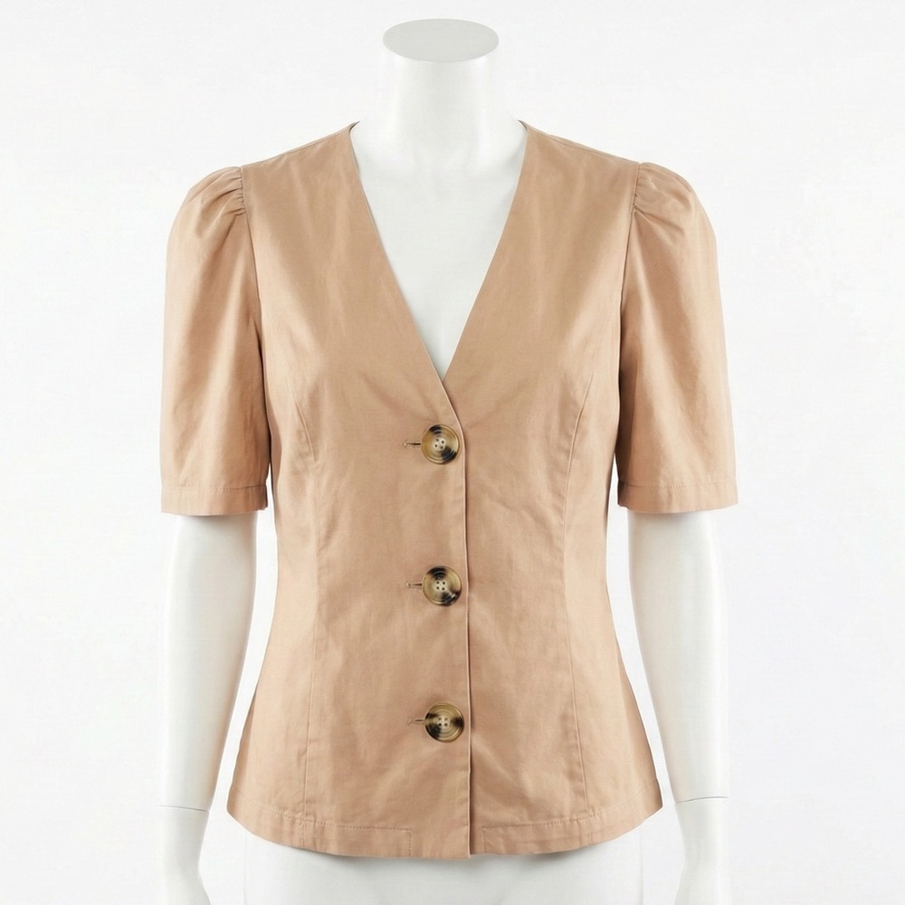 Zara Tan Puff Sleeve Button Down V-Neck Blouse M‎
